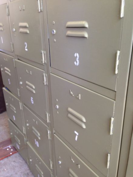 Green 'US Army' Lockers with Reclaimed Wood Top