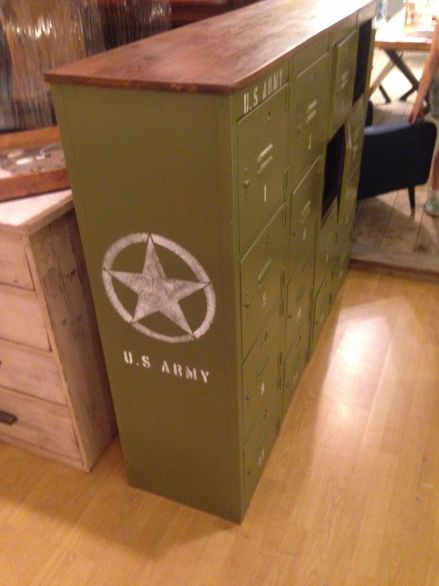 Green 'US Army' Lockers with Reclaimed Wood Top