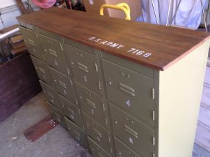 Green 'US Army' Lockers with Reclaimed Wood Top