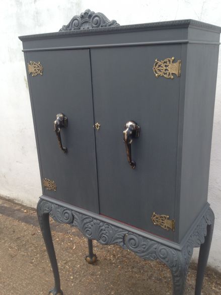 Vintage Grey and Red Cocktail Cabinet with Elephant Head Handles