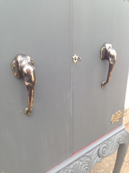 Vintage Grey and Red Cocktail Cabinet with Elephant Head Handles