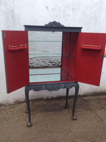 Vintage Grey and Red Cocktail Cabinet with Elephant Head Handles