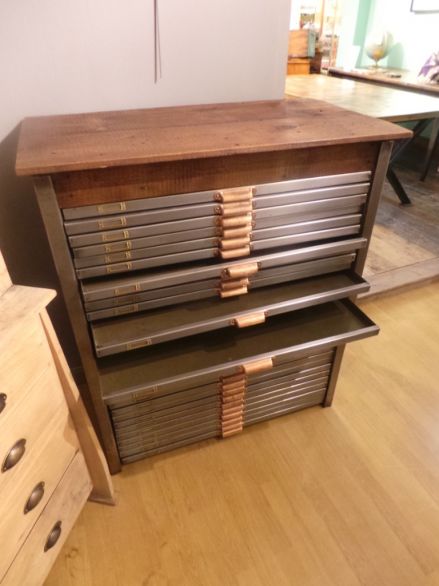 Vintage Industrial Polished Printers Drawers with Reclaimed Wood Top